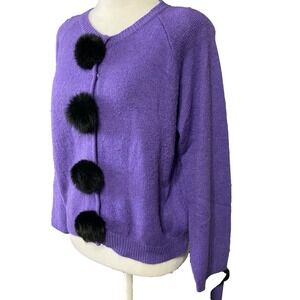 Vintage Interim Cardigan Sweater Womens M Purple Fur Pom Pom Trim Knit Retro